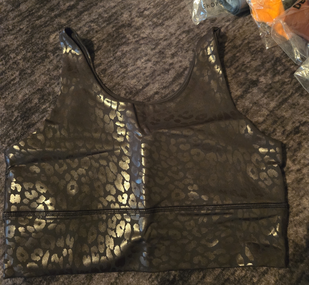 DYI Black Crop Sports Top with Metallic Leopard Print